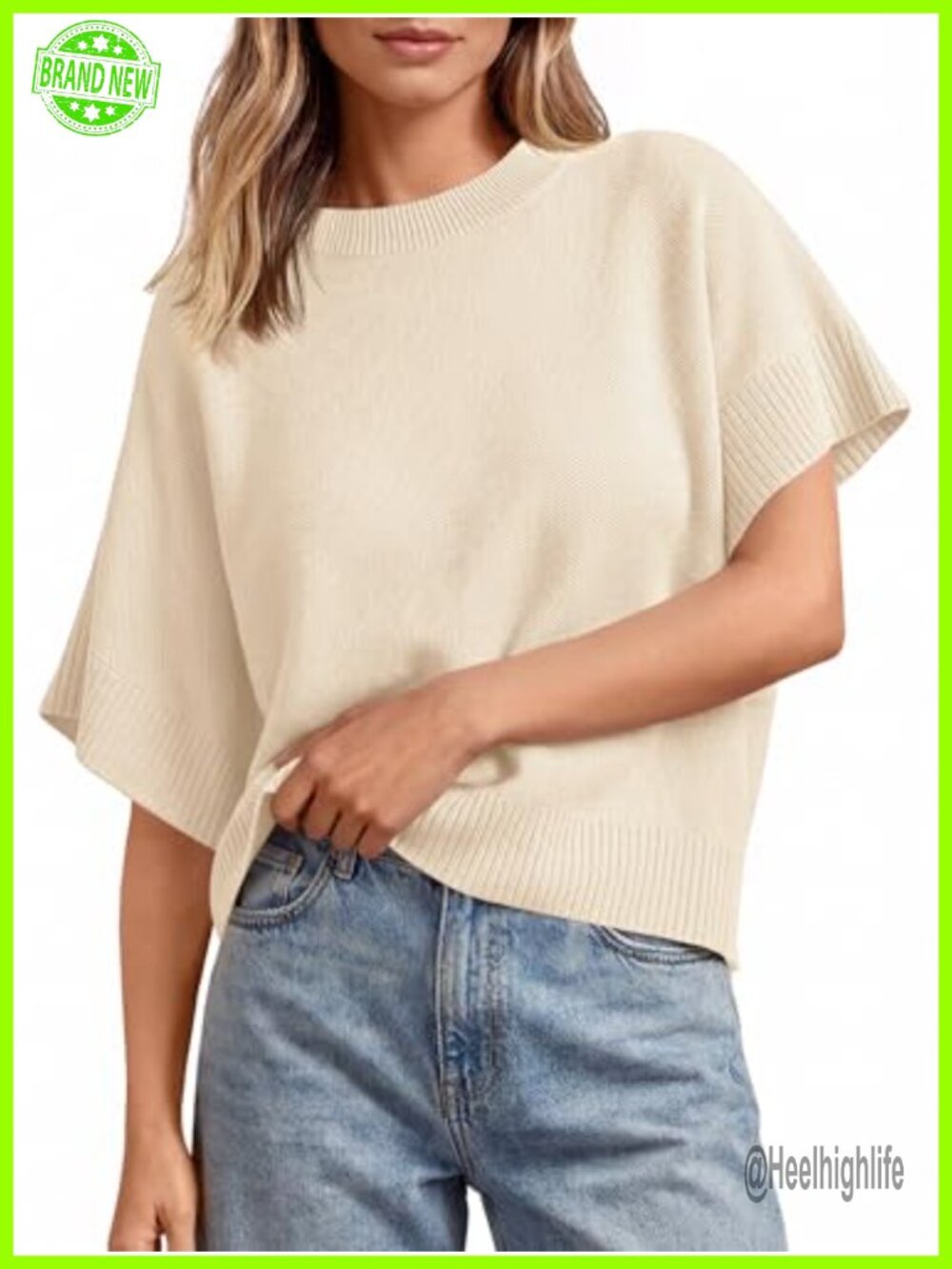 Womens Short Sleeve Knit Sweater Crew Neck Loose Fit Summer Pullover Top